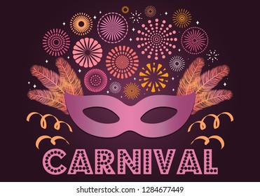 Colorful fireworks, carnival mask, feathers, on dark background, with text Carnival. Vector illustration. Flat style design. Concept for banner, poster, flyer, greeting card decorative element