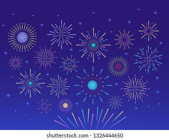 	
Colorful fireworks. Celebration fire firework, christmas or mardi gras or brazil carbival pyrotechnics for party festival celebration or anniversary firecracker background isolated vector set