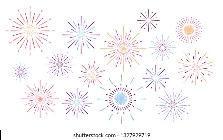 Colorful fireworks. Celebration fire firework, christmas or mardi gras or brazil carbival pyrotechnics for party festival celebration or anniversary firecracker background isolated vector set