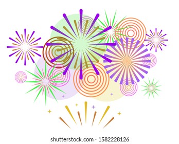 Colorful fireworks. Celebration fire firework, christmas pyrotechnics firecracker for winter party festival birthday celebration or anniversary firecracker background isolated set. Vector illustration