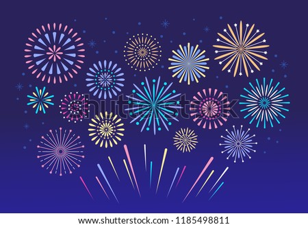 Colorful fireworks. Celebration fire firework, christmas pyrotechnics firecracker for winter party festival Xmas celebration or anniversary firecracker background isolated vector set