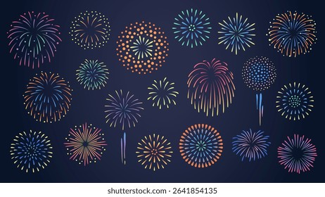     Colorful fireworks collection. Vector illustration set.