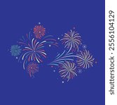 Colorful fireworks display deep blue night sky  red yellow and green explosions,
 starry background minimalist design flat illustration style,
 New Year