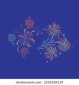 Colorful fireworks display deep blue night sky  red yellow and green explosions,
 starry background minimalist design flat illustration style,
 New Year's Eve atmosphere