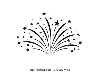 Colorful fireworks display featuring star shapes and spark trails radiating outward dynamically in black and white.