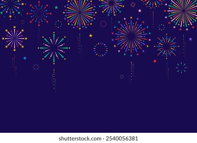 Colorful fireworks display on blue background