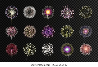 Colorful fireworks display realistic isolated vector illustration. Celebrating, birthday and new year decorations.
