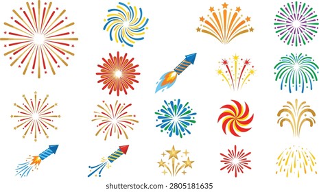Colorful fireworks editable vector pack featuring starburst icons and rockets for festive celebrations, holiday parties, and creative event designs