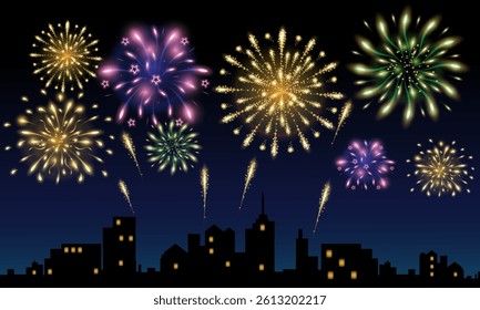 Colorful fireworks explode over dark city skyline at night. Festive background conveys the joy and atmosphere of New Year or Independence Day with bright lights and glowing stars.