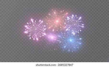 Fogos de artifício coloridos explodem com realces brilhantes e partículas brilhantes em um fundo transparente. Explosões de luz festiva para sobreposições festivas em design e ilustrações.