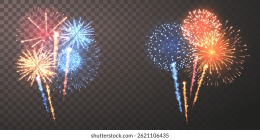 Colorful Fireworks Exploding with Bright Red, Blue, and Golden Sparks on a Transparent Background, Perfect for Celebrations, Holidays, and Party Designs. Vibrant Festival Night. Vector Illustration.