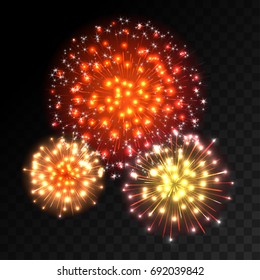 Colorful fireworks explosion on transparent background. Red, orange and yellow lights. New Year, birthday and holiday celebration fireworks on black. Abstract Vector illustration