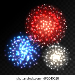 Colorful fireworks explosion on transparent background. Blue, white and red lights. New Year or holiday celebration fireworks on black. Abstract Vector illustration