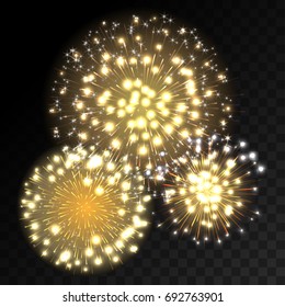 Colorful fireworks explosion on transparent background. White, gold and yellow lights. New Year, birthday and holiday celebration fireworks on black. Abstract Vector illustration