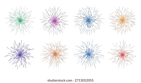 Colorful fireworks explosion set with transparent background