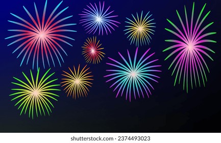 Colorful fireworks explosion vector illustration. New year celebration party background template.