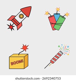 Fuegos artificiales coloridos e íconos explosivos Ilustración vectorial con cohetes, bombas y Elementos brillantes de celebración sobre fondo claro