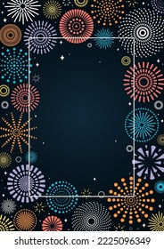 Colorful fireworks frame, bright on dark background, with copy space. Flat style vector illustration. Abstract geometric design. Concept for New Year, birthday greeting card, poster, banner, flyer