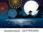 Colorful fireworks illuminate a serene moonlit lake