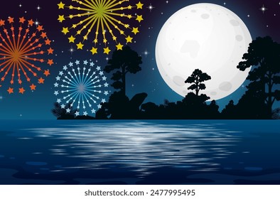 Colorful fireworks illuminate a serene moonlit lake