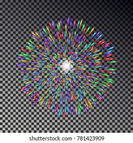 Colorful fireworks isolated on sky. Firecracker transparent vector. Celebrate New Year illustration.