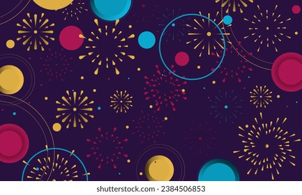 Colorful fireworks New Year background and text Happy New Year design in the night sky. Simple pattern design template. vector design.