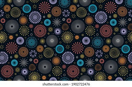 Colorful fireworks in night sky seamless pattern, bright on dark blue background. Flat style vector illustration. Abstract geometric design. Concept for festive wallpaper, wrapping paper, backdrop.