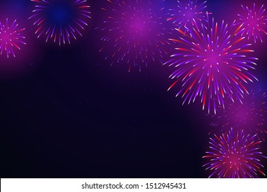 Colorful fireworks in the night starry sky. Bright fireworks on a dark background. Background for party, festive design. Vector illustration