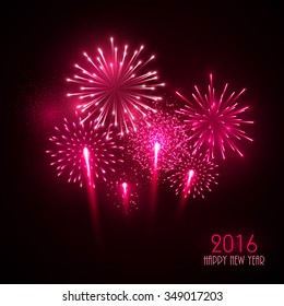 Colorful fireworks on black background. New Year greeting card.