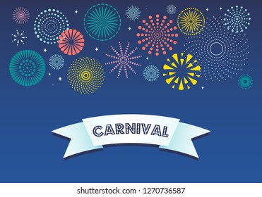 Colorful fireworks on dark background, with text Carnival on a ribbon. Vector illustration. Flat style design. Concept for holiday banner, poster, flyer, greeting card, decorative element.