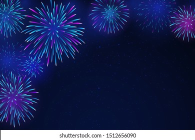 Colorful fireworks on a dark background. Bright fireworks in the night starry sky. Background for festive design, party. Vector illustration