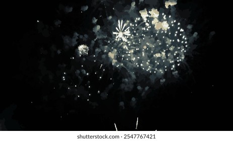 Fogos de artifício coloridos sobre um fundo escuro.  Fogo explosivo colorido no céu noturno. Ilustração vetorial.
