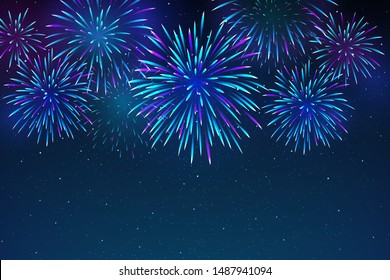 Colorful fireworks on a dark blue background. Beautiful festive sky for bright design. Bright fireworks in the night sky with stars. Vector illustration