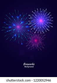 Colorful Fireworks on night sky background. Vector illustration