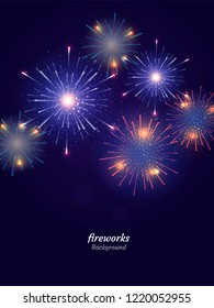 Colorful Fireworks on night sky background. Vector illustration