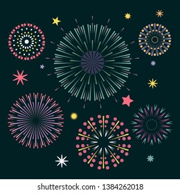 Colorful fireworks on the night sky. Feast of fire. Event service symbol Celebration fire firework. Bright anniversary firecracker flashing on dark blue backdrop. Vector