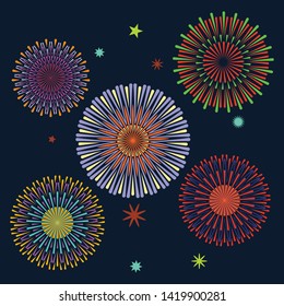 Colorful fireworks on the night sky. Feast of fire. Event service symbol Celebration fire firework. Bright anniversary firecracker flashing on dark blue backdrop. Vector