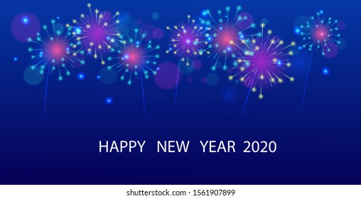 Colorful Fireworks on night sky 2020 background. Vector illustration