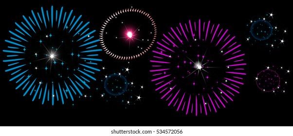 Colorful fireworks on night sky, New Year, Independence Day, horizontal banner