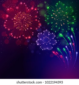 Colorful fireworks on a purple background in the form of flowers in a vector. Happy Valentine's Day, wedding, anniversary. Background for your text, greeting cards, invitations and much more.