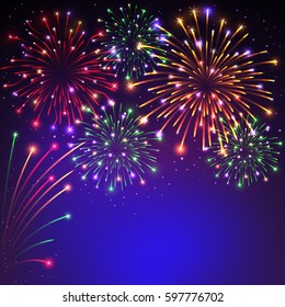 Colorful fireworks on a purple background in the vector. Happy Valentine's day, wedding, anniversary. Background for your text, greeting cards, invitations and more.