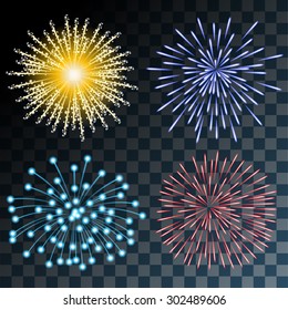 Colorful Fireworks on Transparent background. Set Illustration. Vector EPS10.