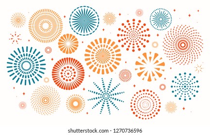 Colorful fireworks on white background. Isolated objects. Vector illustration. Flat style design. Concept for holiday banner, poster, flyer, greeting card, decorative element.