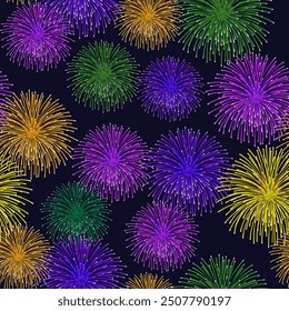 Colorful fireworks pattern on dark. Seamless Fireworks background in yellow, purple, green colour. Design for Carnival, Mardi Gras, Holiday decoration greeting card, poster, web template. Vector