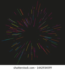 Colorful fireworks Radiating from the center bright beams, lines. Vector illustration. Dynamic style. Abstract explosion, speed motion lines from the middle, radiating sharp 