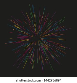 Colorful fireworks Radiating from the center bright beams, lines. Vector illustration. Dynamic style. Abstract explosion, speed motion lines from the middle, radiating sharp 