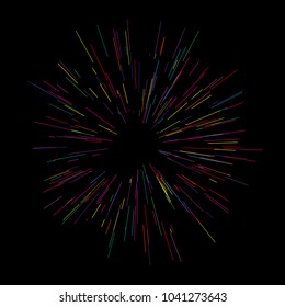 Colorful fireworks Radiating from the center of thin beams, lines. Vector illustration. Dynamic style. Abstract explosion, speed motion lines from the middle, radiating sharp