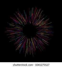 Colorful fireworks Radiating from the center of thin beams, lines. Vector illustration. Dynamic style. Abstract explosion, speed motion lines from the middle, radiating sharp