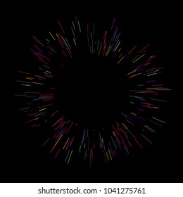 Colorful fireworks Radiating from the center of thin beams, lines. Vector illustration. Dynamic style. Abstract explosion, speed motion lines from the middle, radiating sharp