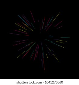Colorful fireworks Radiating from the center of thin beams, lines. Vector illustration. Dynamic style. Abstract explosion, speed motion lines from the middle, radiating sharp